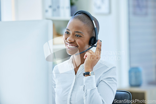 Image of Call center, communication and consulting with black woman at desk for telemarketing, customer support and contact us. Phone call, 5g and kpi with employee at computer in office for crm and help