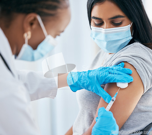 Image of Healthcare, covid vaccine injection and woman with doctor with surgical gloves in hospital or clinic. Healthcare, medical insurance and vaccination innovation, global infection safety in medicine.