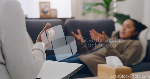 Image of Mental health, patient and therapist have discussion, for depression and talking anger management. Psychologist with book, female client on couch or conversation for anxiety, healthcare or consulting