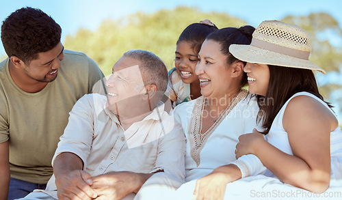 Image of Kid, parents and grandparents picnic in park, happy family have fun and spending time together in New Zealand. Nature, love and family, men and women with girl child, generations on summer weekend.