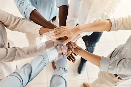 Image of Hands, team with support and solidarity, diversity with business people, collaboration and trust in the workplace. Community, team building and working together, office teamwork and partnership.