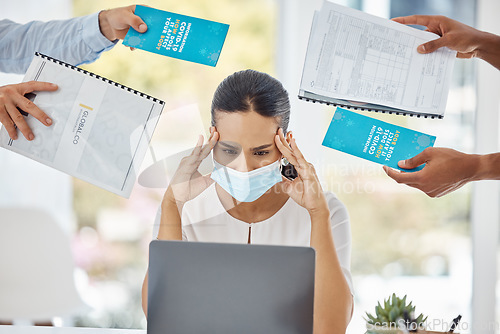 Image of Stress, covid and business woman with paperwork in hands, laptop and document information for global company kpi review. Headache, burnout and covid 19 policy or compliance of Human Resources manager