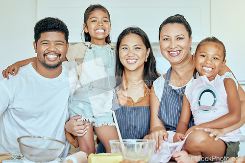 Image of Family, generations and baking, happy in the kitchen, together and learning for skill development and spending quality time. Father, mother and grandmother with children bonding, smile in portrait.