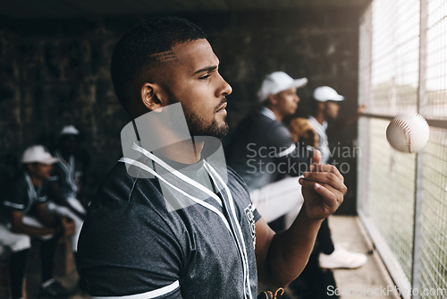 Image of Sports, baseball player and team watch game, competition or competitive club match from substitute dugout. Fitness exercise, training workout or softball athlete throw ball during stadium performance