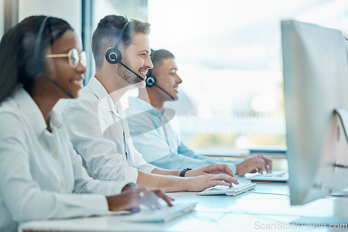 Image of Call center team, telemarketing and computer consulting, crm contact us and customer support, service and advice. Happy salesman working with consultant group on desktop, communication and web help