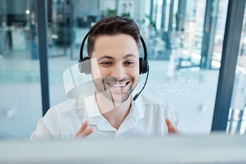 Image of Customer support, CRM or call center man employee with smile for success customer service, help or support in office. Sales advisor, networking or consultant for contact us or insurance telemarketing