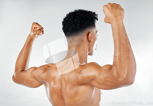 Image of Strong back muscle, fitness and man with bodybuilding motivation for training, arm exercise and flex workout results. Body health, bodybuilder mindset and toned sports athlete on white background