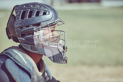 Image of Sports, fitness and baseball catcher with helmet on diamond in stadium or park in summer sun. Game, sport and baseball player man in uniform waiting to catch ball on grass field at competition event.
