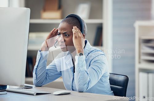 Image of CRM, stress or customer support black woman with PC headache from stock market anxiety, depression or financial crisis in office. Contact us, girl or customer service woman with telecom mental health