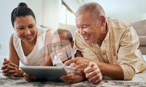 Image of Grandparents, child or digital tablet in house or family home living room floor on movie streaming, internet game or education learning. Happy smile, bonding girl or senior man or woman on technology