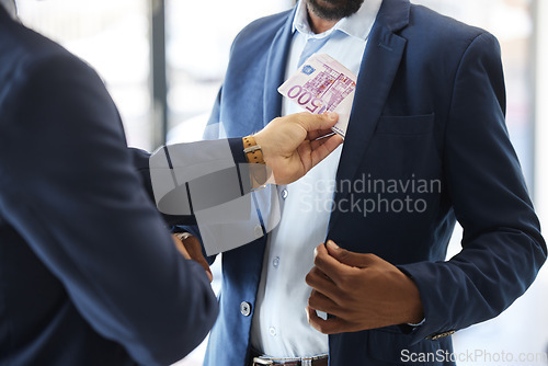 Image of Bribe handshake, dollar or businessman with cash, money or euro for finance, illegal partnership bribery. Business people, politician shaking hands or money laundering scam payment or corporate fraud