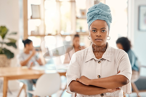 Image of Portrait, black woman and arms crossed in office or meeting and ready for work. Vision, goals or leadership of corporate female manager, ceo or company leader with mindset for success in workplace