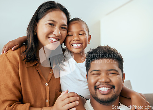 Image of Happy family, mother and father with child in a portrait enjoying quality time with big smiles on their faces. Young kid, mama and dad love relaxing together on a living room sofa in a house in Peru