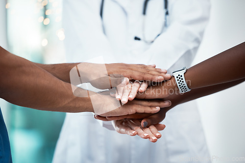 Image of Support, motivation and hands of medical doctor and healthcare workers together for teamwork, trust and collaboration for community health. Women team in solidarity at hospital for partnership goal