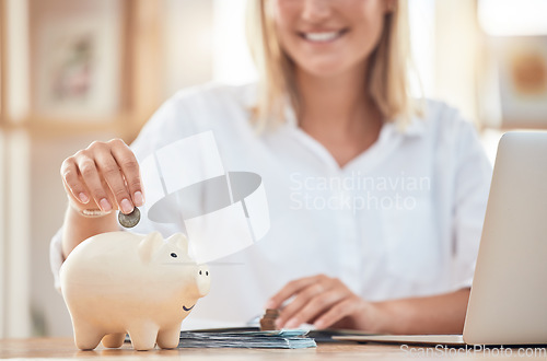 Image of Money, savings and piggy bank, woman and financial security with laptop, internet banking and future finance plan. Growth, profit and retirement fund, budget and online cash investment with tech.