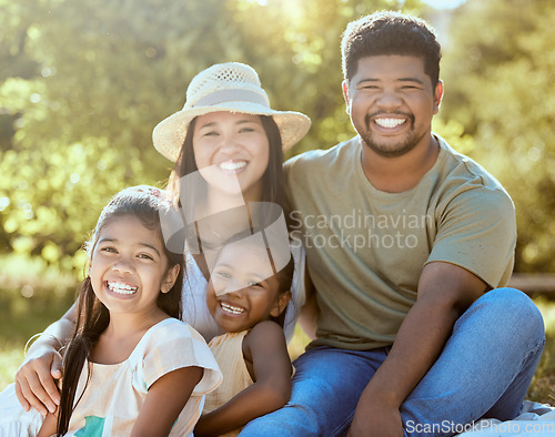 Image of Family, picnic and vacation of children, mom and dad together in nature park happy about summer, love and lifestyle. Life insurance, savings and Philippines holiday portrait with man, woman and kids