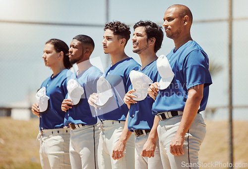Image of Sports, baseball anthem and athlete team ready for start of game or club competition on local baseball field. Solidarity, respect and softball player singing, prepare for fitness training or workout