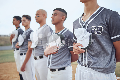 Image of Baseball team, sports and national anthem at competition event, games and athlete motivation on stadium arena field. Baseball player group singing, patriotic pride and respect for softball commitment