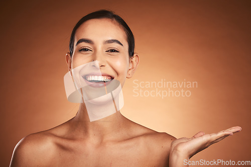 Image of Natural cosmetics, beauty and woman, smile in skincare advertising portrait with face and skin in studio background. Happy, facial treatment and wellness mockup, makeup and cosmetic product marketing