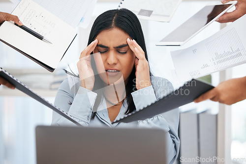 Image of Stress, overworked and multitask with a business woman feeling overwhelmed by the hands of her team in the office. Compliance, documents and headache with a female employee suffering from burnout