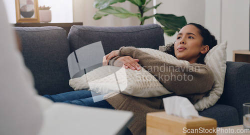 Image of Mental health, support and woman on sofa in therapy or counseling session for depression, anxiety and healthcare. Psychologist appointment, sad girl lying on couch and consulting in doctors office.