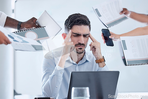 Image of Businessman stress, headache and office chaos, anxiety and sad in crazy, busy and frustrated company. Burnout, deadline and poor time management, worker challenge and mental health, crisis or mistake