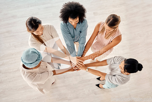 Image of Support, community and teamwork with business women for goals, collaboration and girl power. Growth, empowerment and management with hands of employee for diversity, mission and innovation together