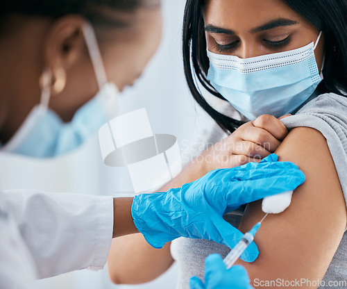 Image of Covid vaccine, cotton and doctor with patient for medical immunization, vaccination arm injection and hospital healthcare support. Covid 19 consultation, medicine expert and black woman giving shot