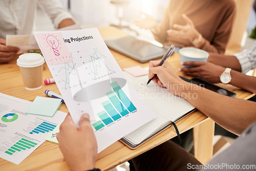 Image of Business people, marketing research and documents of graphs, finance chart and investment logistics, strategy and feedback in office. Hands of team meeting, planning and writing on paper infographic