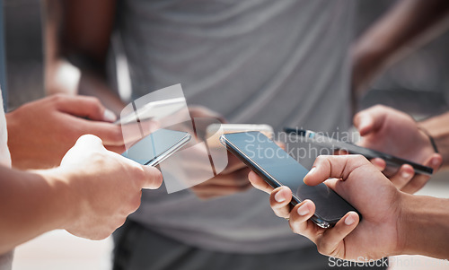 Image of Smartphone in hand, friends group and internet sharing or social media content creation together. Young men hands, digital social networking and gen z students mobile online teamwork collaboration