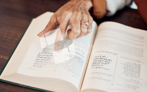 Image of Islamic, muslim and Quran with hand of old woman reading holy book for prayer, worship or ramadan kareem celebration. Arabic, God and religion with lady and dua for spiritual, faith and eid mubarak