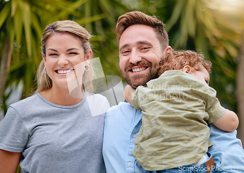 Image of Smile, portrait and family in nature for love, relax and peace together on a holiday in Portugal. Happy, vacation and mother and father with a sleeping child in a backyard or garden in summer
