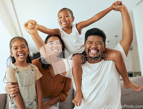 Image of Family, portrait and fun playing at home for love, bonding and playful time at home. Mother, father and sister siblings fooling around for amusing and hilarious funny comic moment with people, kids