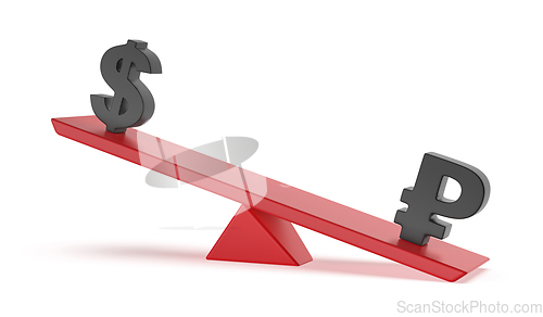 Image of Russian ruble versus US dollar on seesaw