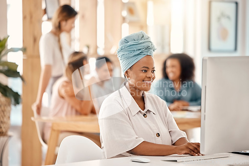 Image of Business, black woman and computer planning for digital marketing agency, seo research and internet analysis at office desk. Happy african employee working on desktop pc, reading email and analytics