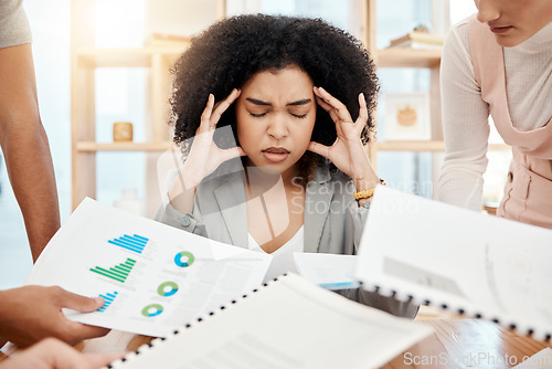 Image of Stress, headache and burnout of business woman with busy schedule during tax compliance, report and audit in office with financial documents and employees. Depression of female manager during crisis