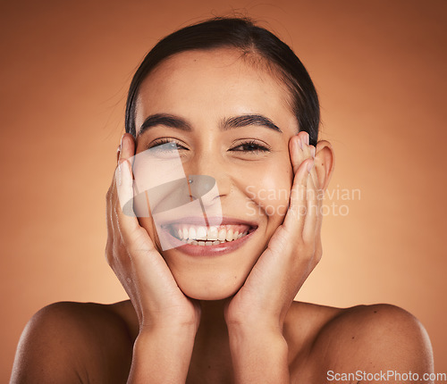 Image of Young, happy and natural beauty of a woman with skincare, wellness and good skin. Portrait of a gen z female face model from Spain smile with happiness about cosmetic and dermatology treatment