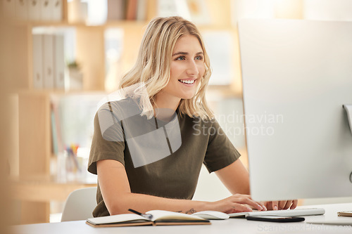 Image of Creative woman computer, smile typing in office and email communication on web app for startup business. Businesswoman focus working, digital marketing and happy social media with internet technology