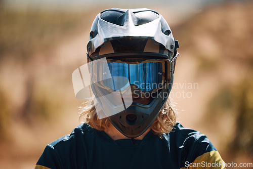 Image of Sports, motorcross and portrait of man with helmet for dirt racing, mountain biking and training. Adventure, cycling and headshot of biker on dirt road with neon visor safety gear, ready for action