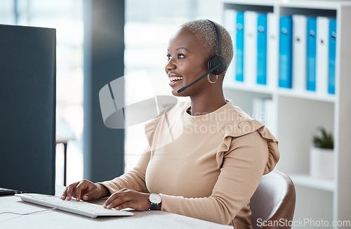 Image of Customer service in Chicago, CRM or call center black woman employee customer support, contact us or telemarketing with customer. Worker, consultant or sales advisor with help, support or networking