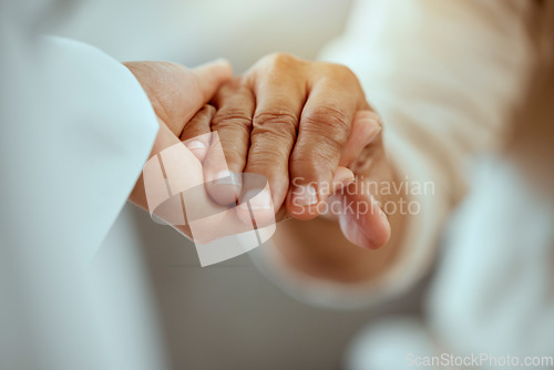 Image of Elderly support with family, people holding hands praying together in retirement and religion trust hope in god. Kind caregiver helping spiritual senior person and nursing rehabilitation with faith