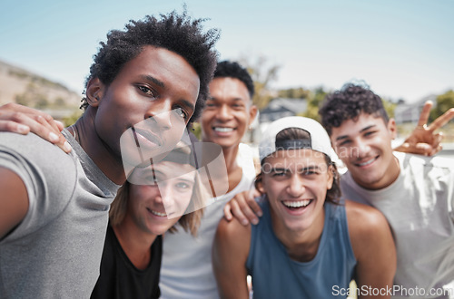 Image of Sports, friends and selfie after training, exercise or cardio workout in a city, happy and excited outdoors. Face, pov and portrait of men smiling for photo, bond and gun after fitness practice