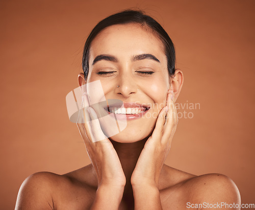 Image of Woman, beauty and healthy facial skincare with natural, organic cosmetic routine and self care. Happy face, a model with a smile and satisfied with clean skin, hygiene and cosmetics spa mockup studio