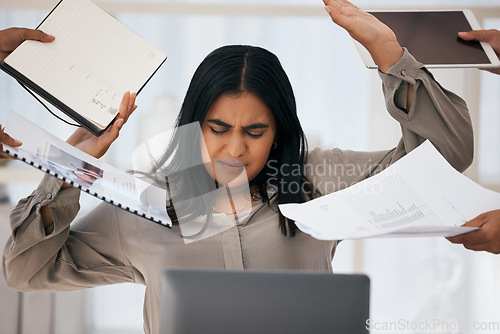 Image of Busy woman, office documents and burnout from work overload, stress and chaos in corporate workplace. Overworked company employee, paperwork and professional staff multitasking paperwork for deadline