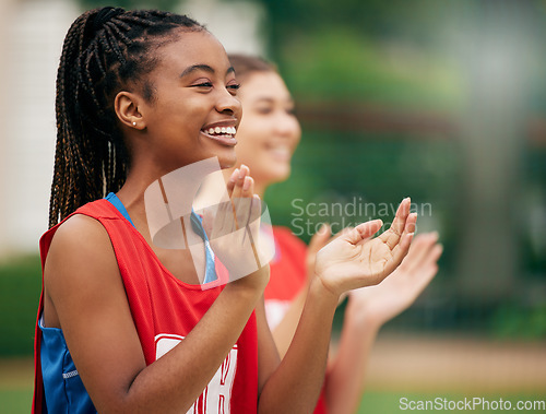 Image of Black woman, sports cheerleader and applause for team in support, motivation or positive attitude in the outdoors. African American female clapping in sport activity, motivate and encouragement