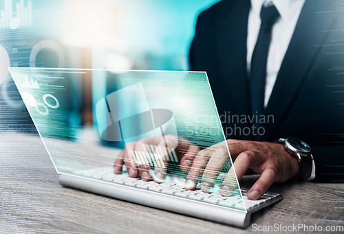 Image of Hands, hologram and man on laptop in office for finance, planning and investment on futuristic, innovation and software. Double exposure, hands and businessman on keyboard, stock market and trading