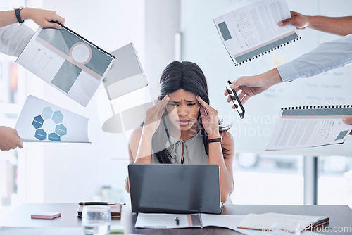 Image of Stress, hands and business woman with headache from multitasking, workload and work pressure in office. Anxiety, hand and black woman suffering with burnout, chaos and deadline at corporate job