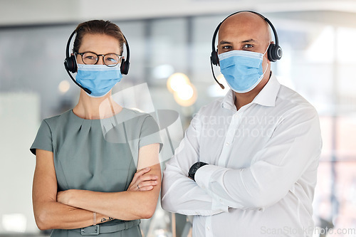 Image of Covid, call center team and office collaboration together in office workplace. Proud telemarketing employees, crm consultants and corporate help desk consulting managers with mask for health safety