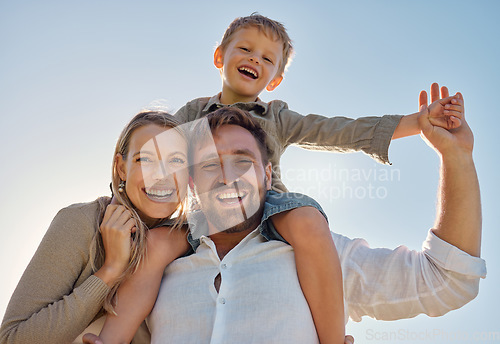 Image of Family, mother and father with child, for holiday, vacation and being happy together outdoor. Portrait, mama and dad with kid for quality time, travel and bonding being loving, carry boy and have fun