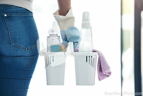 Image of Hand, cleaning and product container woman ready for home hygiene and disinfection routine macro. Spray, liquid and bottles of girl with chemical safety products and cloth to clean house.